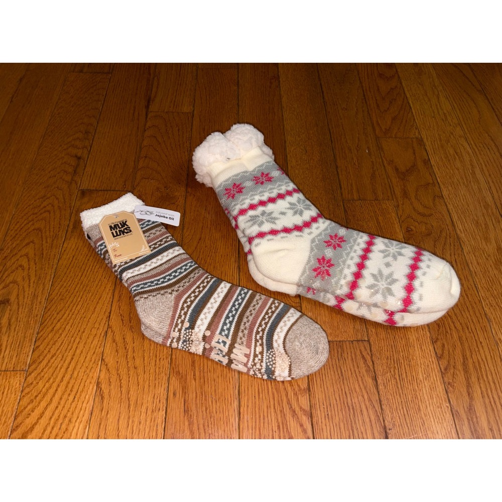 New Muk Luks Women Slipper Socks 2 Pair Bundle Jojoba Infused Non-Skid OSFM 6-11